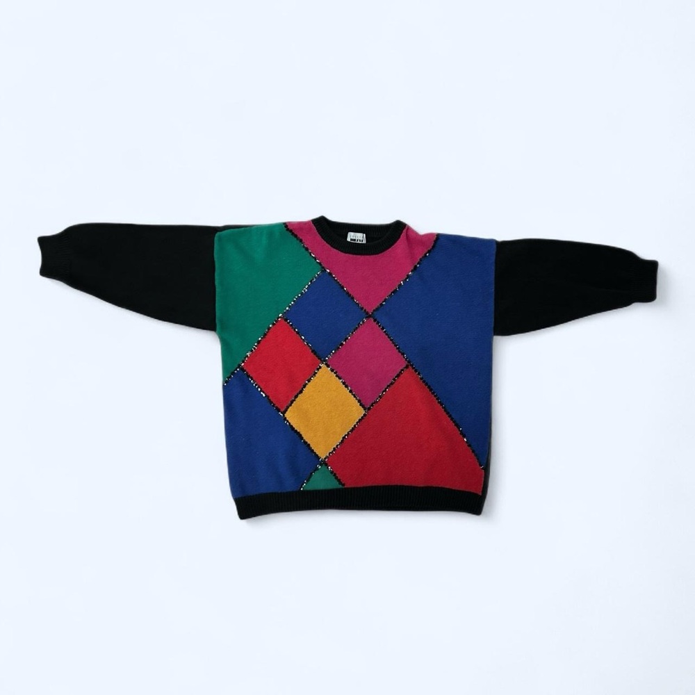 Colorful Leslie Fay Color-Block Geometric Sequin Grandma Crewneck Sweater